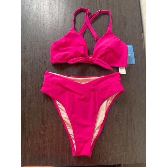 Cupshe Women’s Hot Pink Bikini Set Small High-Waist Crisscross Strappy Swim - Picture 1 of 3